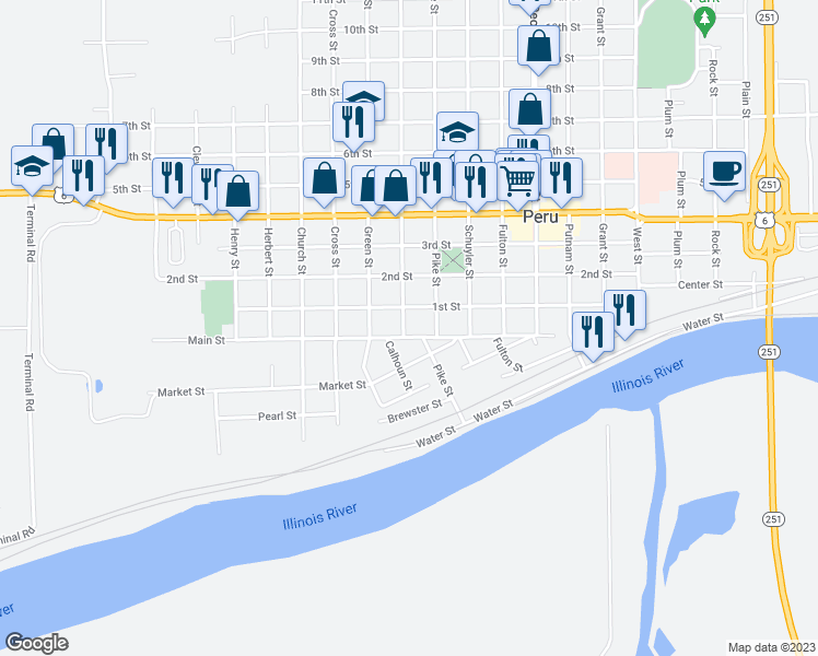 map of restaurants, bars, coffee shops, grocery stores, and more near 2125 Main Street in Peru
