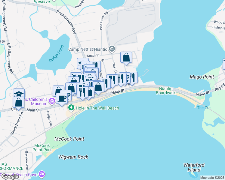 map of restaurants, bars, coffee shops, grocery stores, and more near 195 Main Street in East Lyme