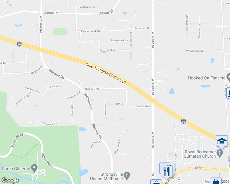 map of restaurants, bars, coffee shops, grocery stores, and more near 13593 Blazey Trail in Strongsville