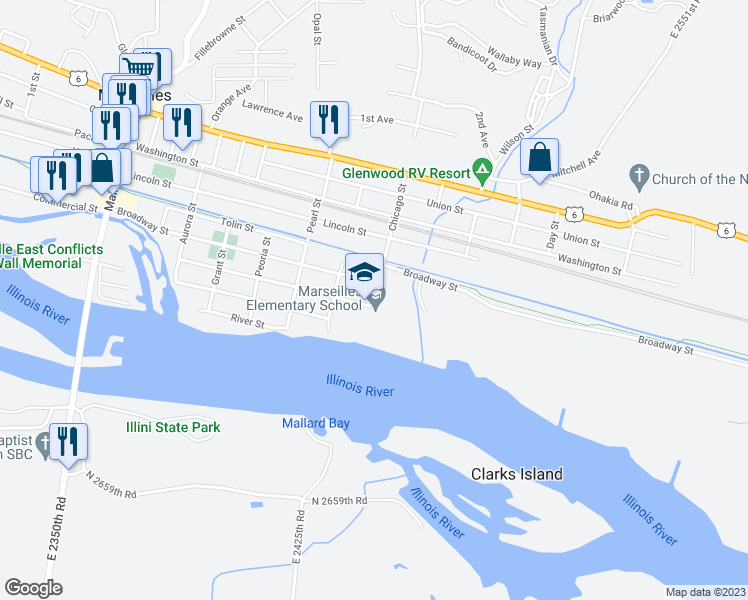 map of restaurants, bars, coffee shops, grocery stores, and more near 201 Chicago Street in Marseilles