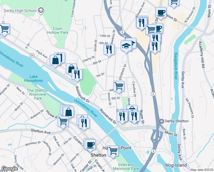 map of restaurants, bars, coffee shops, grocery stores, and more near 52 Hawkins Street in Derby