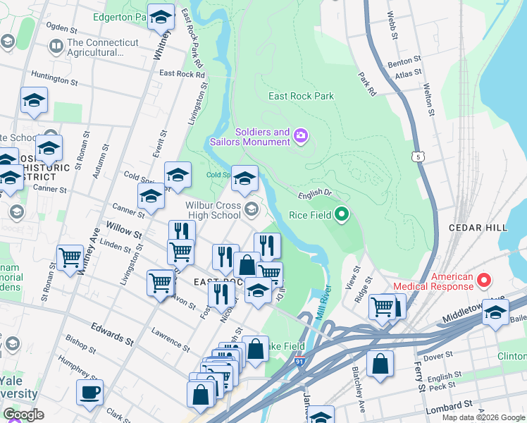 map of restaurants, bars, coffee shops, grocery stores, and more near 181 Mitchell Drive in New Haven