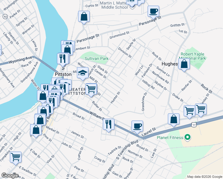 map of restaurants, bars, coffee shops, grocery stores, and more near 166 Mill Street in Pittston