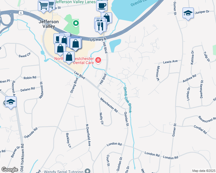 map of restaurants, bars, coffee shops, grocery stores, and more near 3 Hampton Court in Yorktown Heights