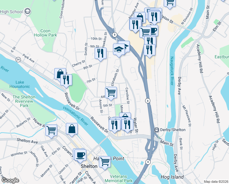map of restaurants, bars, coffee shops, grocery stores, and more near 203 Elizabeth Street in Derby