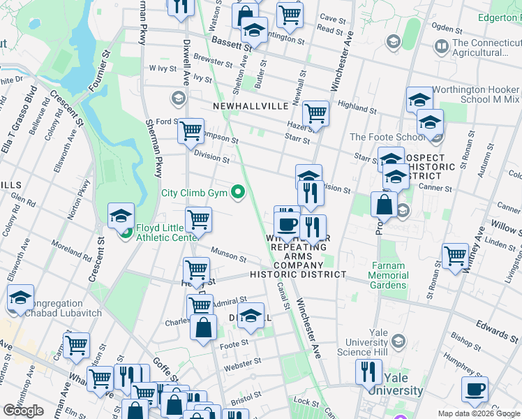 map of restaurants, bars, coffee shops, grocery stores, and more near 50 Argyle Street in New Haven