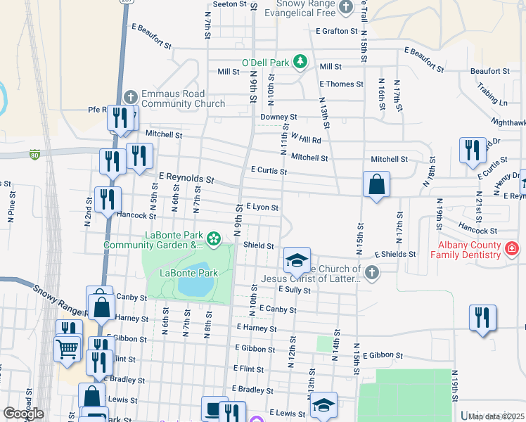 map of restaurants, bars, coffee shops, grocery stores, and more near 918 East Reynolds Street in Laramie