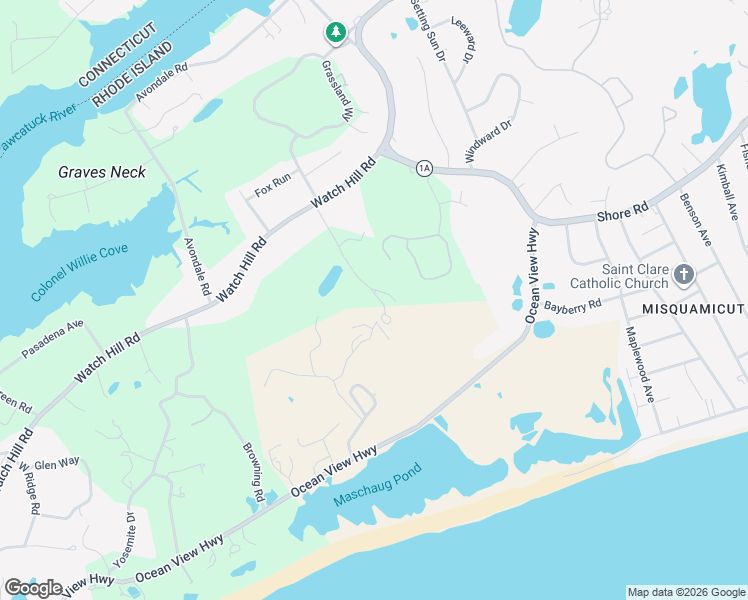 map of restaurants, bars, coffee shops, grocery stores, and more near 9 Oenoke Lane in Westerly