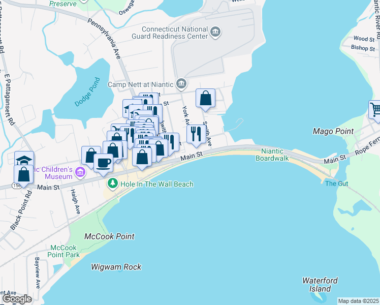 map of restaurants, bars, coffee shops, grocery stores, and more near 35 Grand Street in East Lyme