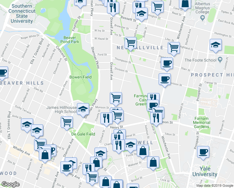 map of restaurants, bars, coffee shops, grocery stores, and more near 433 Dixwell Avenue in New Haven