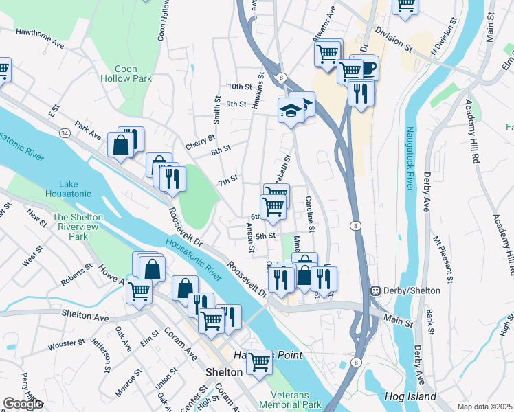 map of restaurants, bars, coffee shops, grocery stores, and more near 202 Olivia Street in Derby