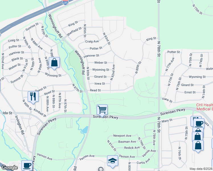 map of restaurants, bars, coffee shops, grocery stores, and more near 8311 Girard Street in Omaha