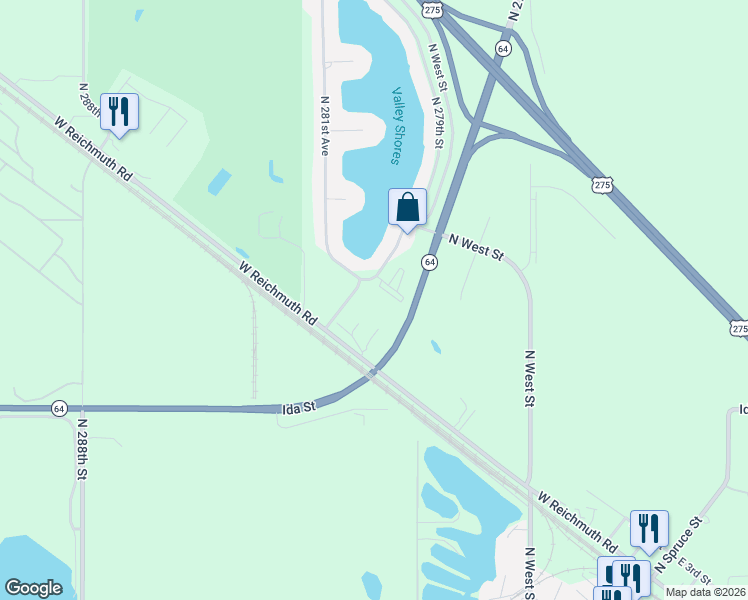 map of restaurants, bars, coffee shops, grocery stores, and more near 5820 North 279th Street in Valley