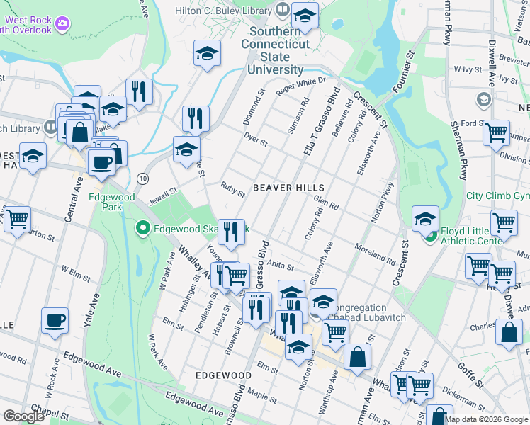 map of restaurants, bars, coffee shops, grocery stores, and more near 141 Osborn Avenue in New Haven