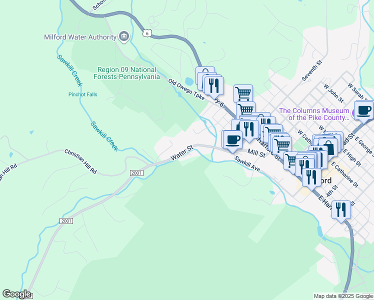 map of restaurants, bars, coffee shops, grocery stores, and more near Kern Lane in Milford
