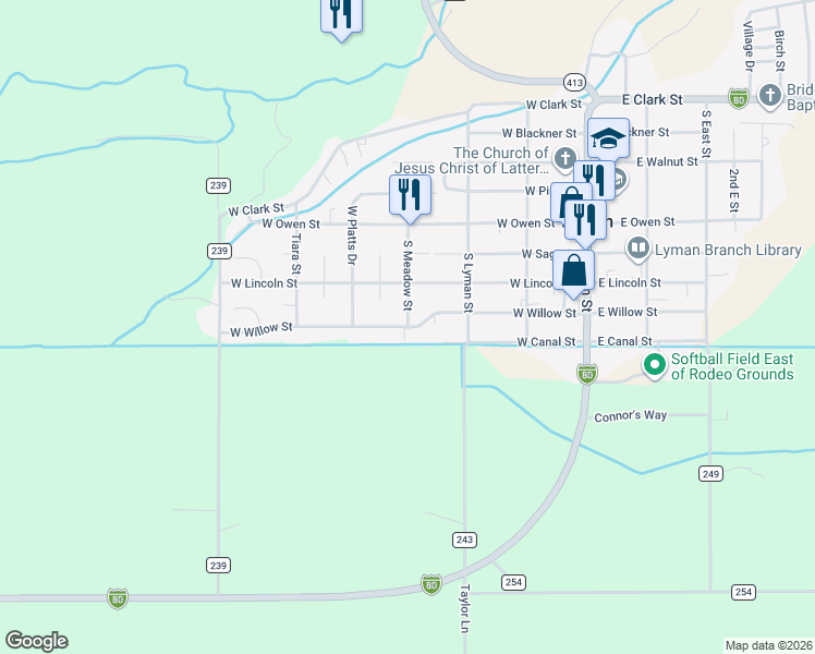 map of restaurants, bars, coffee shops, grocery stores, and more near West Willow Street in Lyman