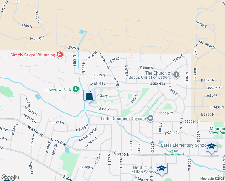 map of restaurants, bars, coffee shops, grocery stores, and more near 3515 North 425 East in North Ogden