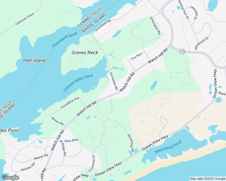 map of restaurants, bars, coffee shops, grocery stores, and more near 121 Avondale Road in Westerly