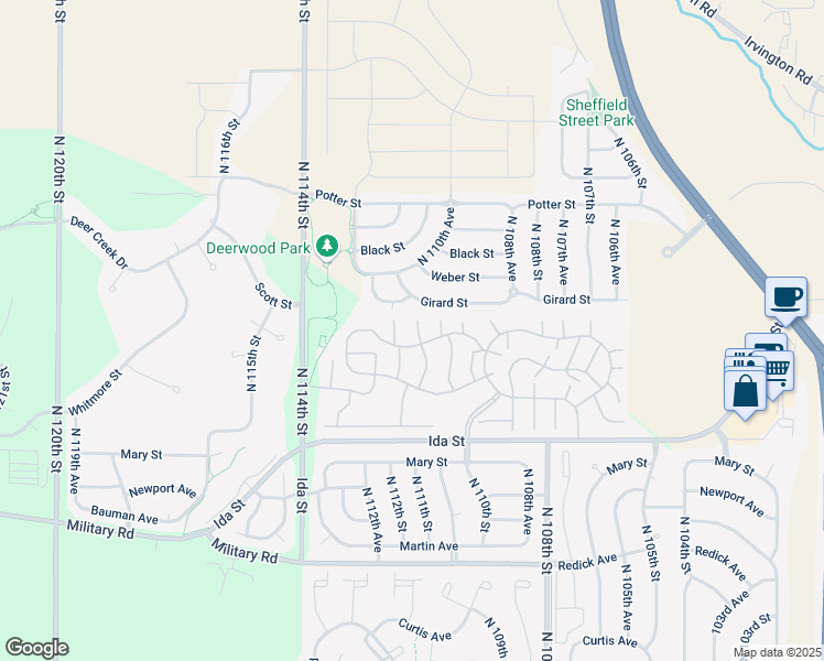map of restaurants, bars, coffee shops, grocery stores, and more near 11159 Girard Street in Omaha