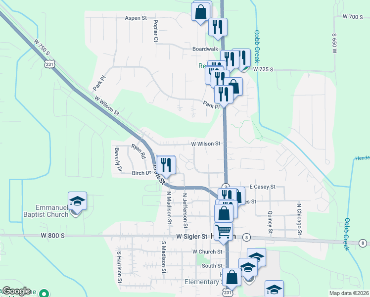map of restaurants, bars, coffee shops, grocery stores, and more near 601-899 West Wilson Street in Hebron