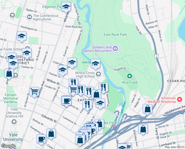 map of restaurants, bars, coffee shops, grocery stores, and more near 181 Mitchell Drive in New Haven