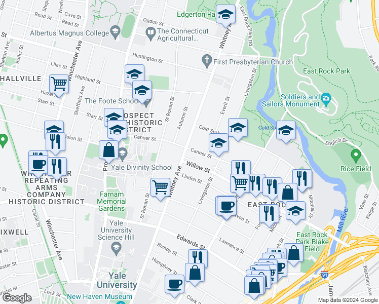 map of restaurants, bars, coffee shops, grocery stores, and more near 524 Whitney Avenue in New Haven