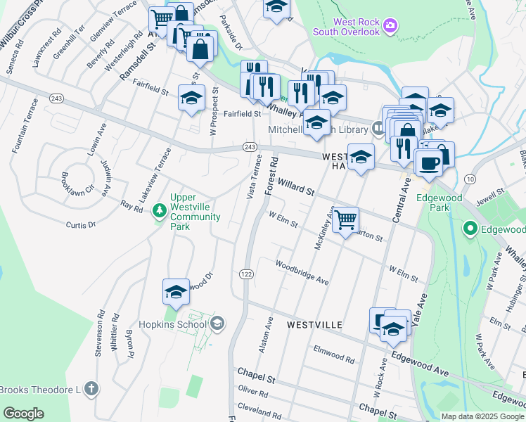 map of restaurants, bars, coffee shops, grocery stores, and more near 1210 Forest Road in New Haven