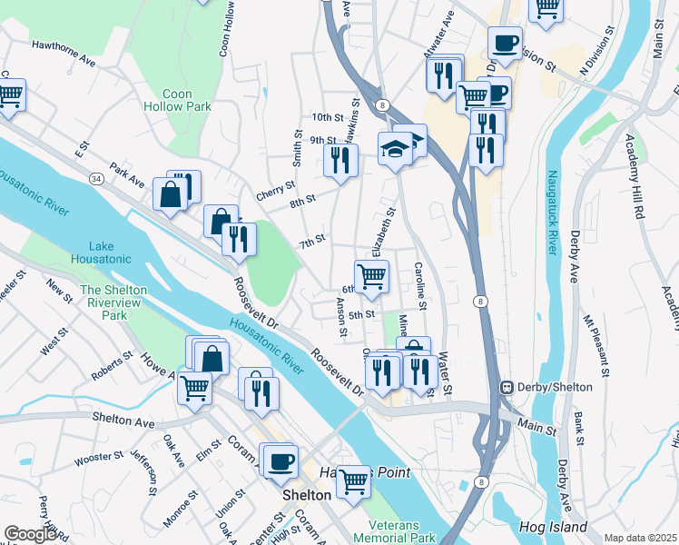 map of restaurants, bars, coffee shops, grocery stores, and more near 52 Hawkins Street in Derby