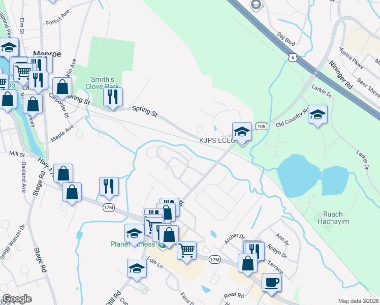 map of restaurants, bars, coffee shops, grocery stores, and more near 34 Peter Turner Road in Monroe
