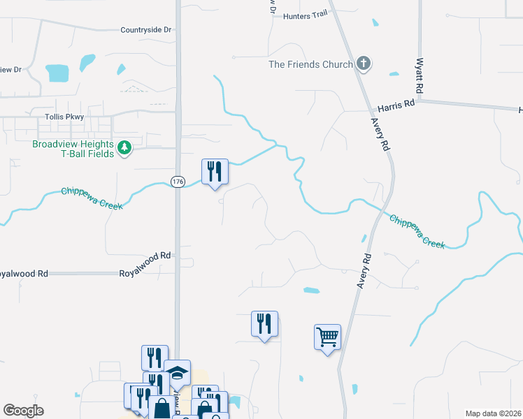map of restaurants, bars, coffee shops, grocery stores, and more near 1285 Homestead Creek Drive in Broadview Heights