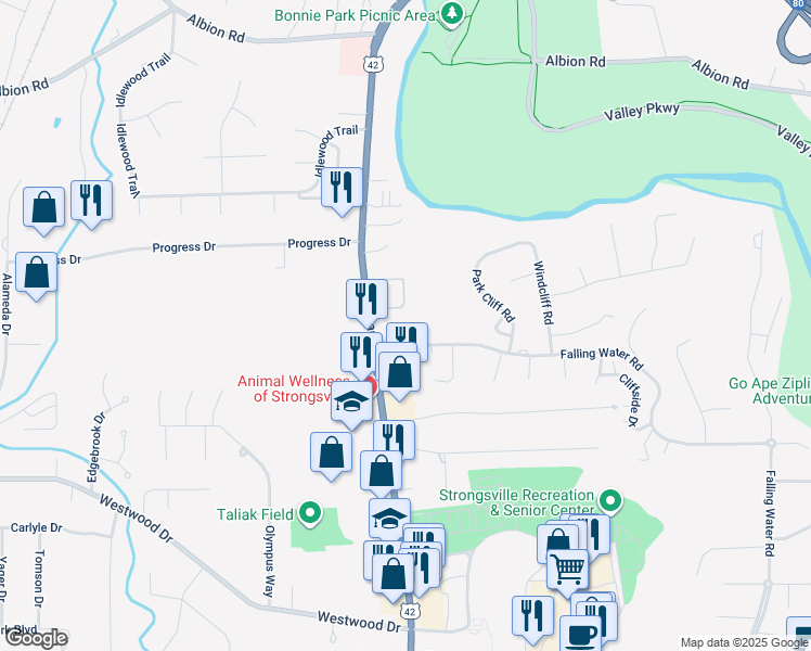map of restaurants, bars, coffee shops, grocery stores, and more near 11883 U.S. 42 in Strongsville