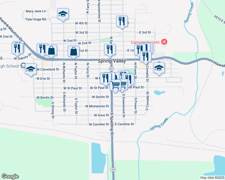 map of restaurants, bars, coffee shops, grocery stores, and more near 102 East Saint Paul Street in Spring Valley