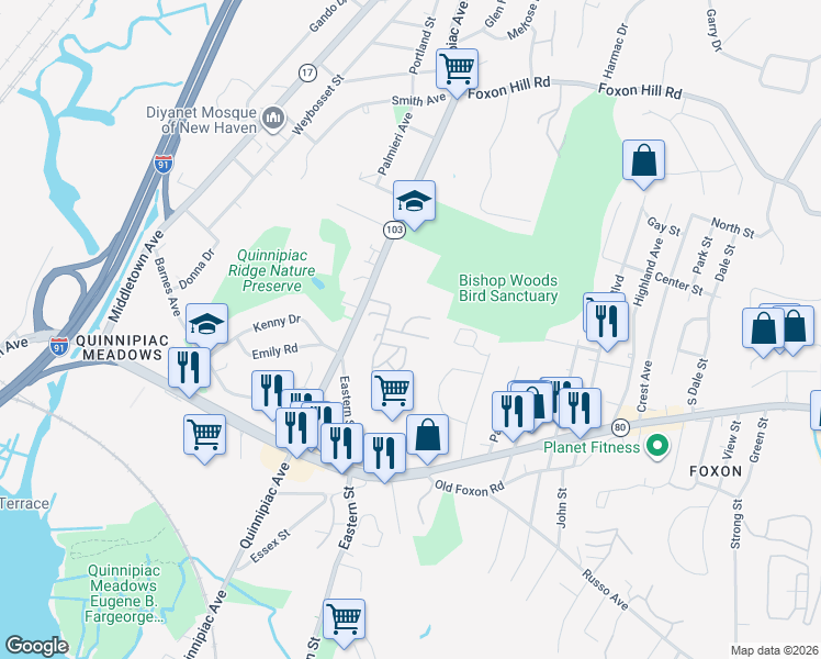 map of restaurants, bars, coffee shops, grocery stores, and more near 1425 Quinnipiac Avenue in New Haven