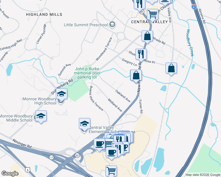 map of restaurants, bars, coffee shops, grocery stores, and more near 50 Oakland Avenue in Woodbury