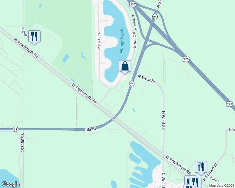 map of restaurants, bars, coffee shops, grocery stores, and more near 7307 North 279th Street in Valley