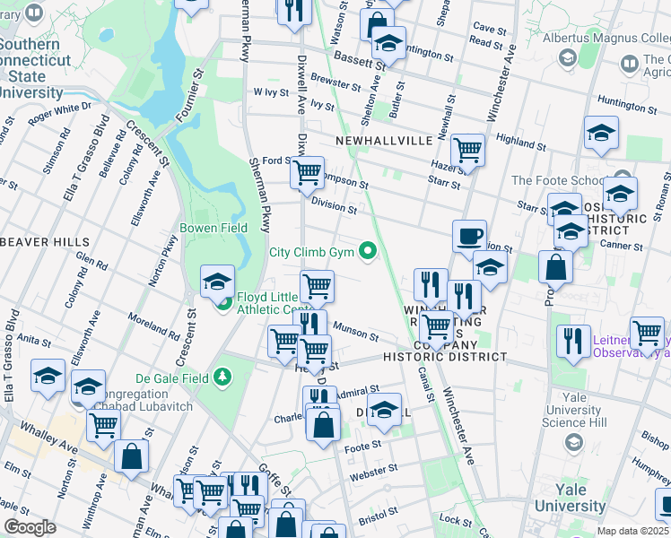 map of restaurants, bars, coffee shops, grocery stores, and more near 71 Shelton Avenue in New Haven