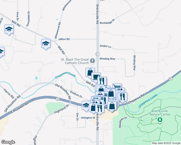map of restaurants, bars, coffee shops, grocery stores, and more near 8736 Brecksville Road in Brecksville