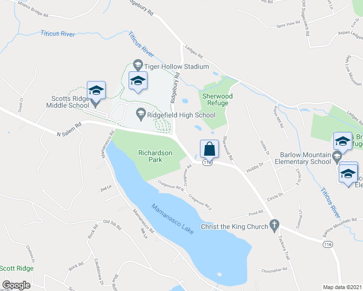 map of restaurants, bars, coffee shops, grocery stores, and more near 690 North Salem Road in Ridgefield