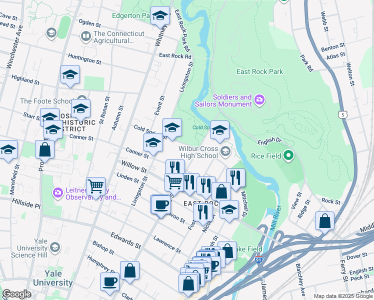 map of restaurants, bars, coffee shops, grocery stores, and more near 41 Cold Spring Street in New Haven