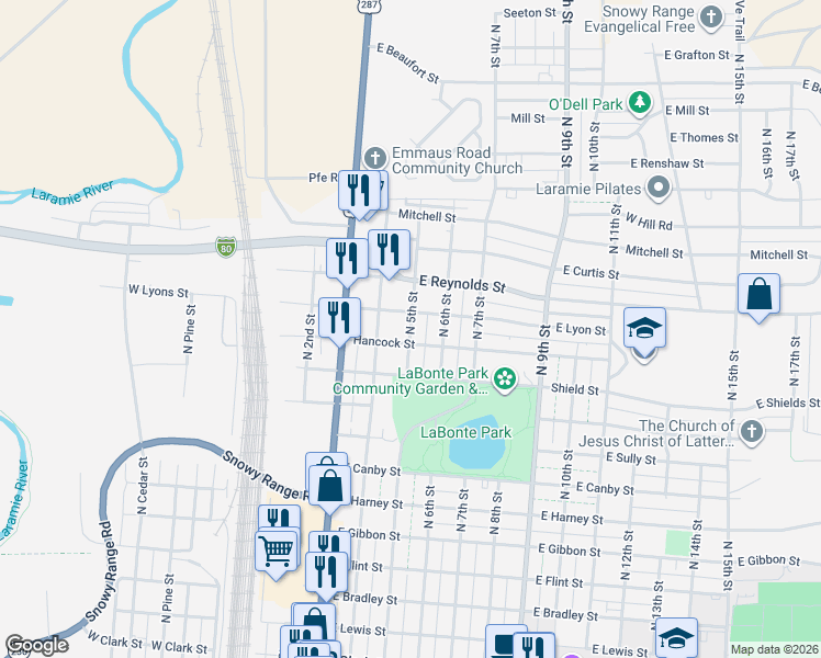 map of restaurants, bars, coffee shops, grocery stores, and more near 1451 North 5th Street in Laramie