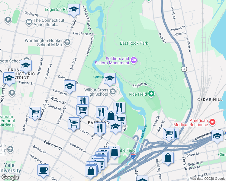 map of restaurants, bars, coffee shops, grocery stores, and more near 181 Mitchell Drive in New Haven