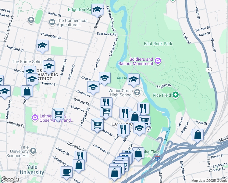 map of restaurants, bars, coffee shops, grocery stores, and more near 41 Cold Spring Street in New Haven