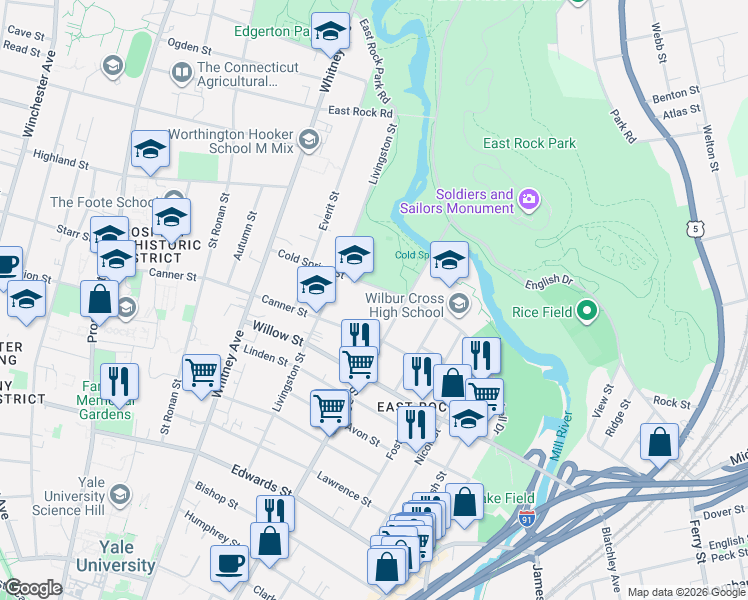 map of restaurants, bars, coffee shops, grocery stores, and more near 98 Cold Spring Street in New Haven