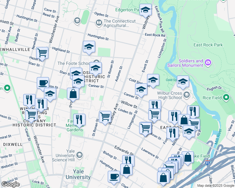 map of restaurants, bars, coffee shops, grocery stores, and more near 524 Whitney Avenue in New Haven
