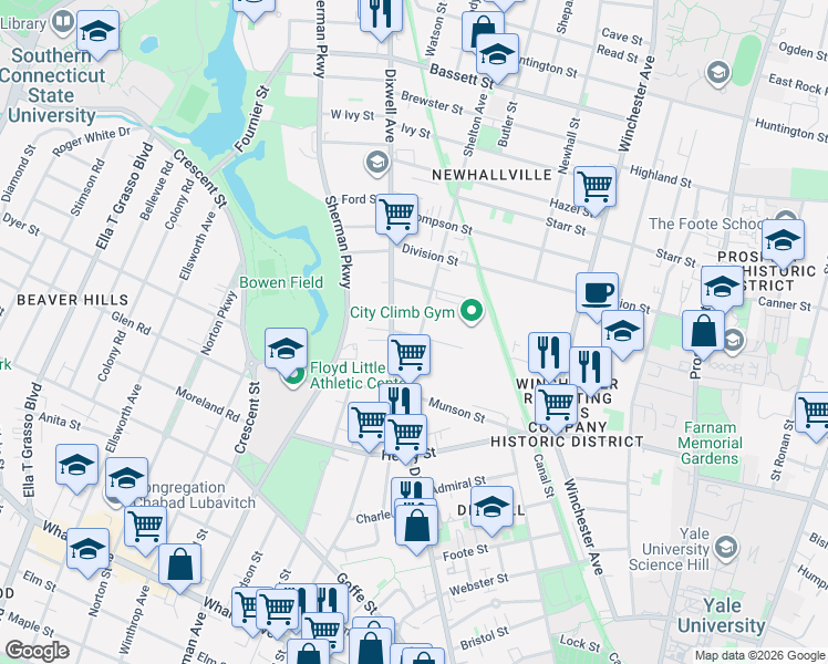 map of restaurants, bars, coffee shops, grocery stores, and more near 433 Dixwell Avenue in New Haven