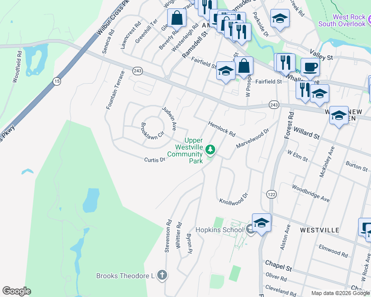 map of restaurants, bars, coffee shops, grocery stores, and more near 35 Curtis Drive in New Haven