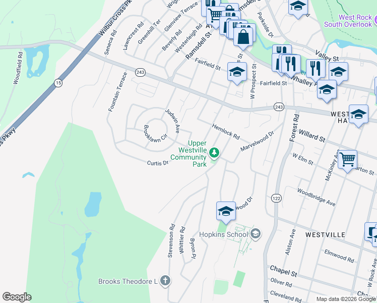 map of restaurants, bars, coffee shops, grocery stores, and more near 35 Curtis Drive in New Haven