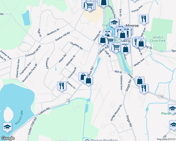 map of restaurants, bars, coffee shops, grocery stores, and more near 66 Lakes Road in Monroe