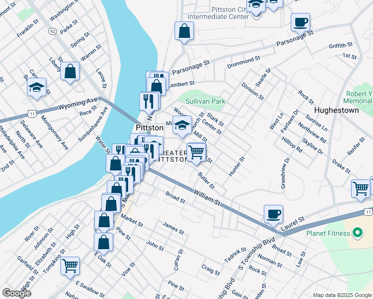 map of restaurants, bars, coffee shops, grocery stores, and more near 50-68 Carroll St in Pittston