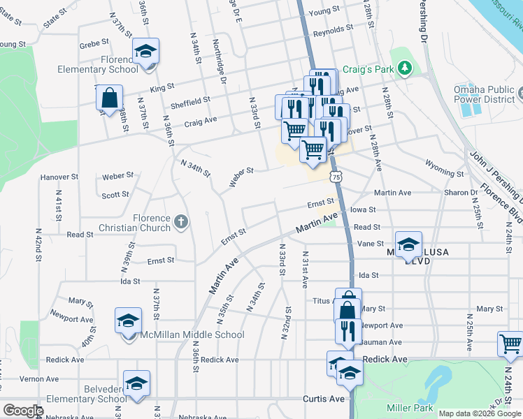 map of restaurants, bars, coffee shops, grocery stores, and more near 3328 Summit Street in Omaha